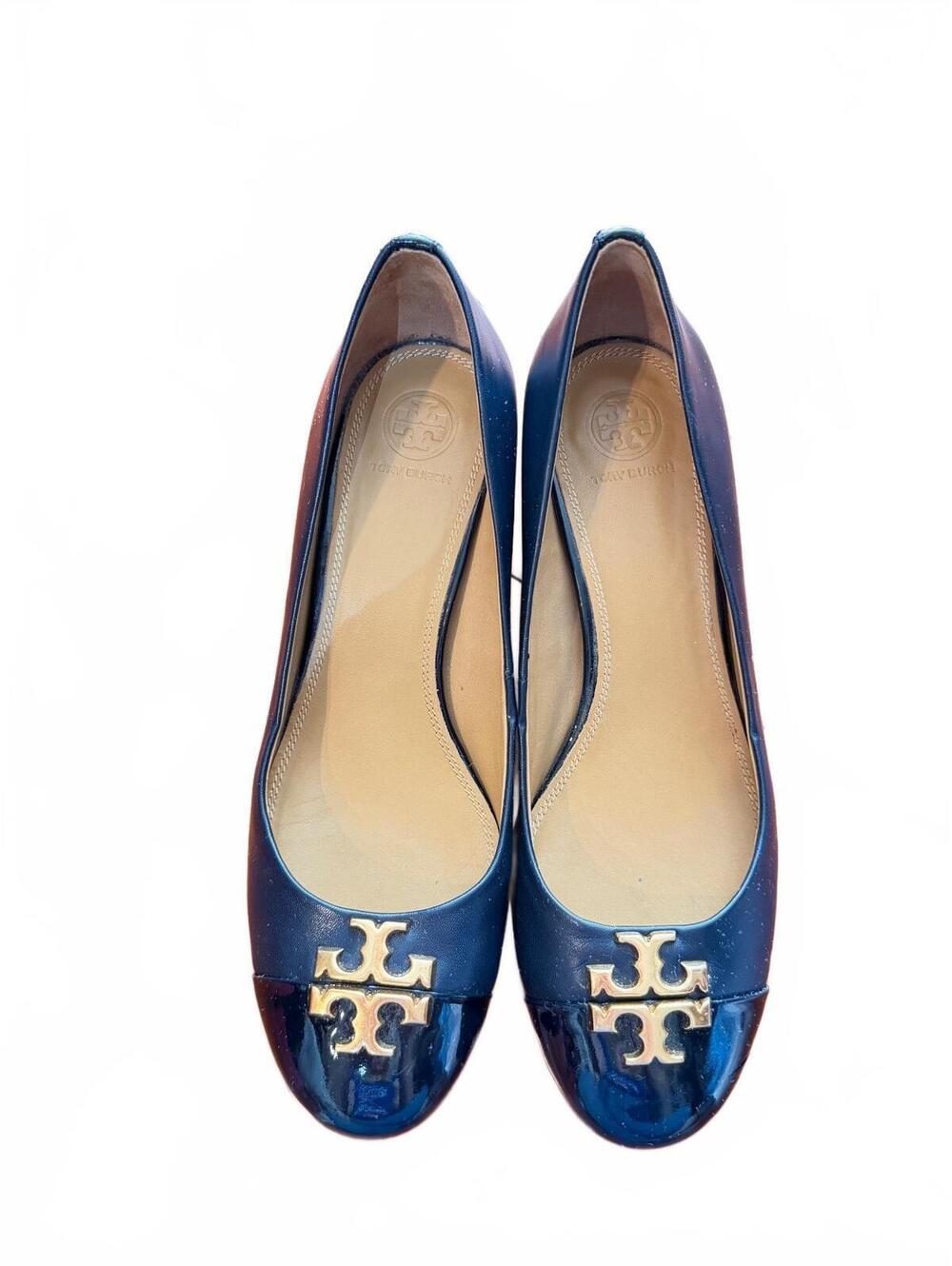 Tory Burch navy leather block heel pumps gold logo- 8.5M